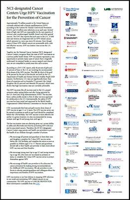 NCI-designated Cancer Centers HPV statement